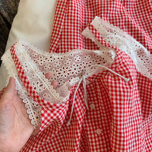 Red Gingham Pajama Set with White Crochet Lace