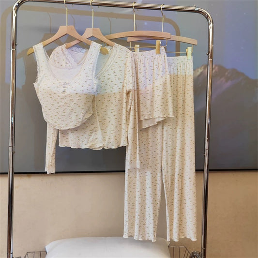 4-Piece Floral Cotton Pajama Set with Lace Trim