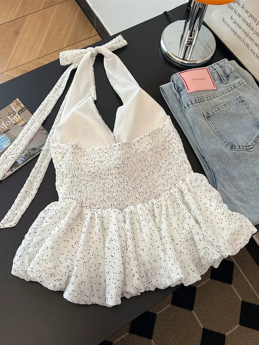 White Halter Peplum Top with Smocked Bodice and Dotted Detail