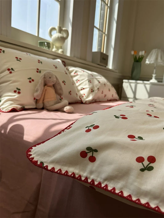 Bold Red Cherry Print Duvet Set with Scalloped Trim