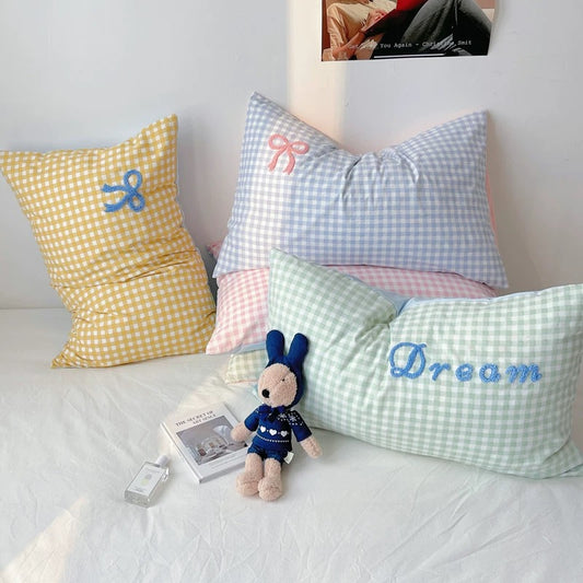 Gingham Check Pillow Covers with 3D Bow Embellishments (sets of 4)