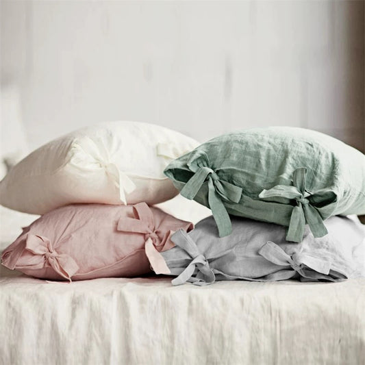 Linen Pillow Covers with Oversized Side Bows in Earth Tones