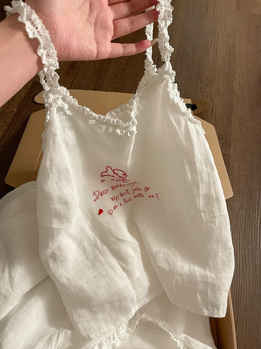 White Frilly Camisole Pajama Set with Embroidered Bunny Print