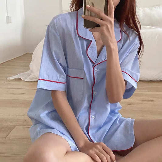 Light Blue Long Sleeve Cotton Pajama Set with Red Piping