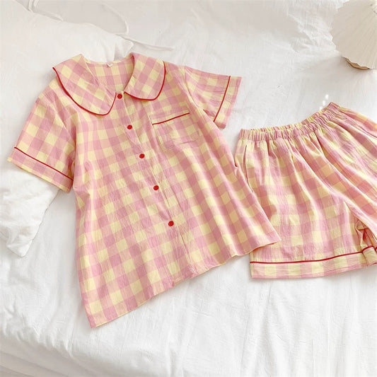 Pink & Yellow Gingham Checkered Cotton Pajama Set