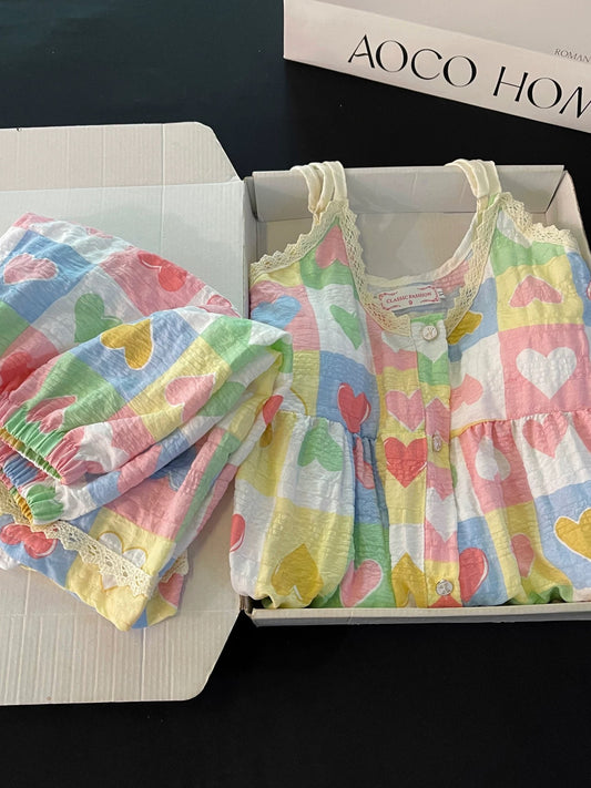 Pastel Heart Print Ruffled Pajama Set with Removable Bra Pads