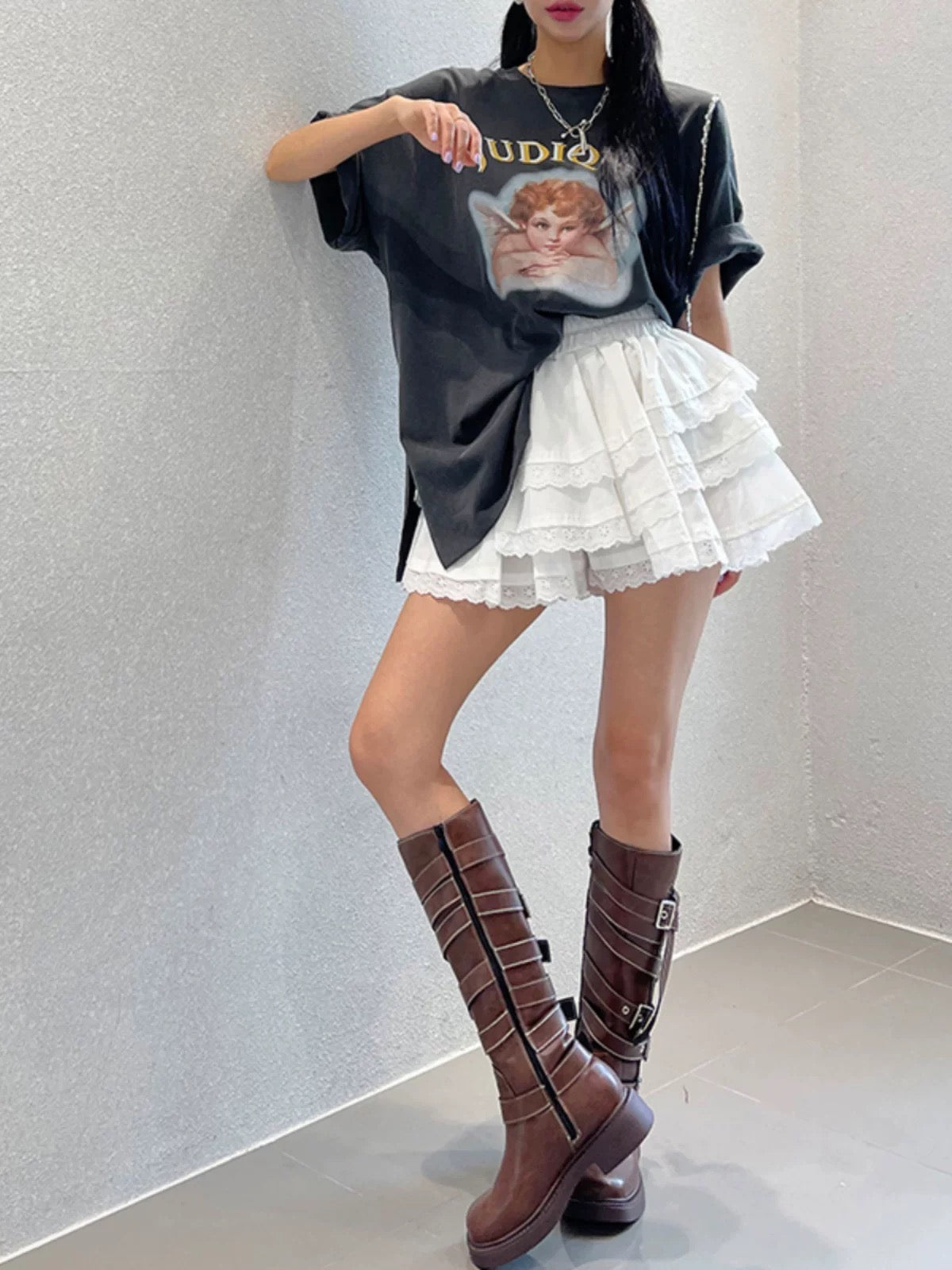 White Eyelet Lace Tiered Mini Skirt