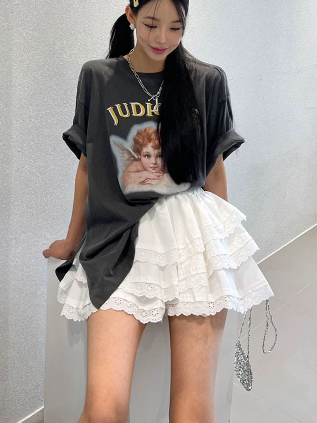 White Eyelet Lace Tiered Mini Skirt
