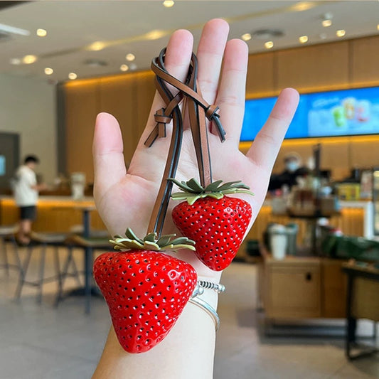 Realistic Strawberry Keychain Necklace – Red Fruit Charm with Leather Strap