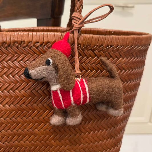 Dachshund Felt Keychain in Red Sweater & Hat – Handmade Dog Bag Charm