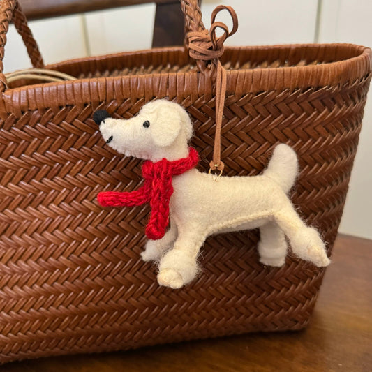 White Dog Felt Keychain with Red Scarf – Cozy Winter Pup Charm
