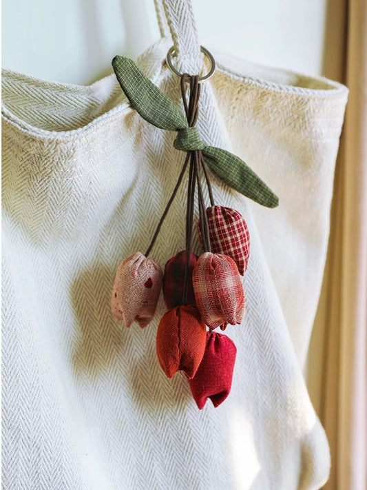 Rustic Fabric Tulip Keychain – Earth Tone Flower Charm