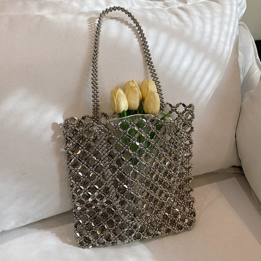 Crystal Beaded Mesh Tote Bag - Silver