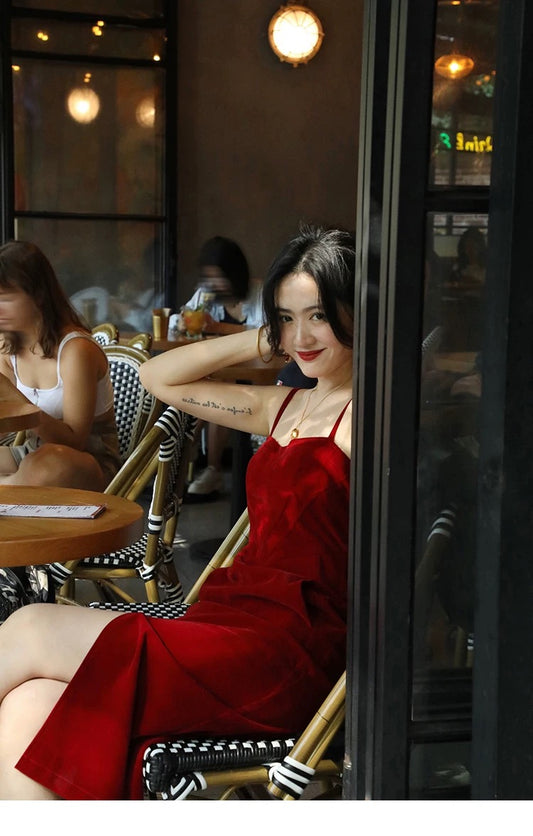 Orange-Red Corduroy Midi Strap Dress with Front Slit – Autumn Winter Vintage-Inspired Dress