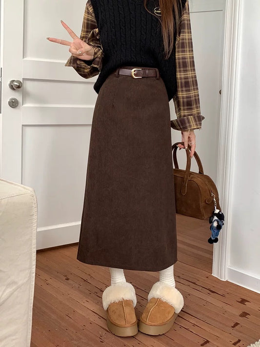 Suede Midi A-Line Skirt with Front Slit