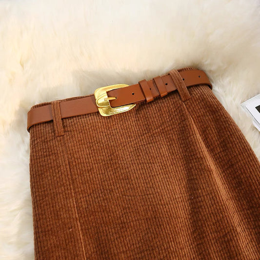 Corduroy Midi A-Line Skirt with Front Slit