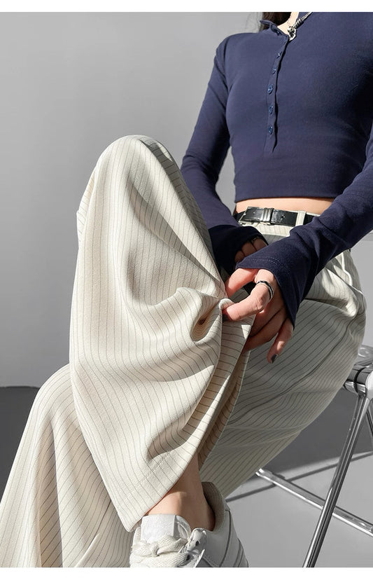 Women’s Cream Pinstripe Wide Leg Pants – Minimalist Chic Trousers