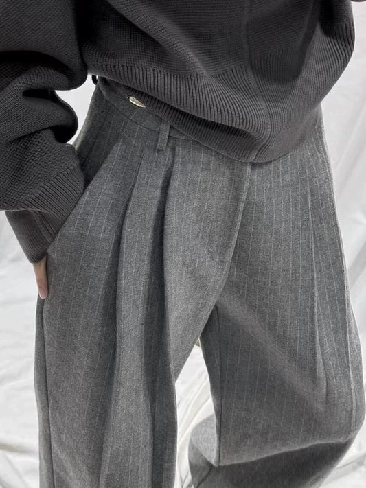 Grey Pinstripe Wide Leg Trousers – Minimalist Workwear Pants