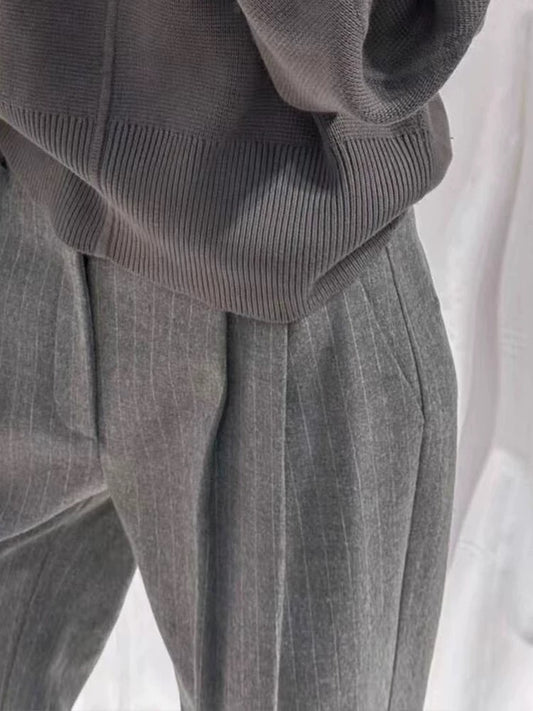 Grey Pinstripe Wide Leg Trousers – Minimalist Workwear Pants