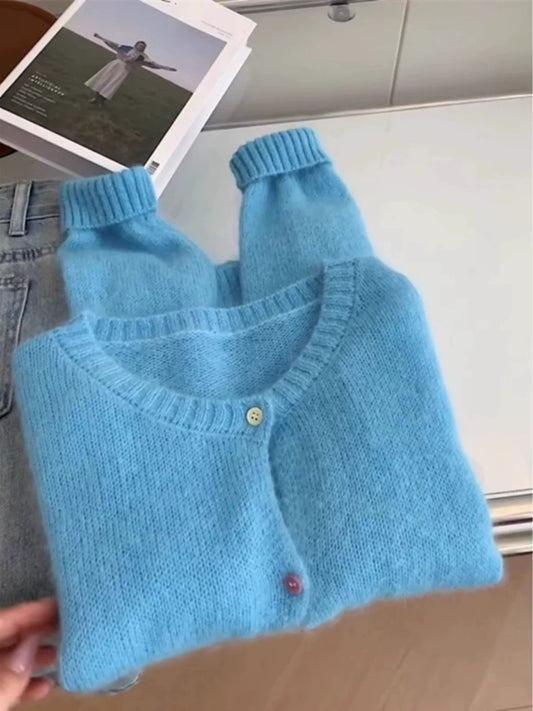 Soft Blue Fuzzy Knit Cardigan – Cozy Minimalist Sweater