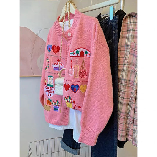 Pink Embroidered Knit Cardigan – Playful Vintage-Inspired Sweater