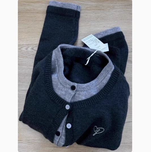 Grey and Blue Button-Up Knit Cardigan & Tank Top Set – Minimalist Style