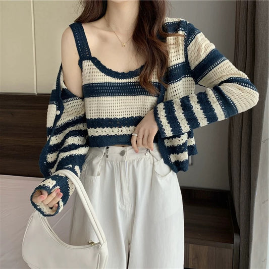 Navy & Cream Striped Crochet Cardigan & Tank Top – Vintage Knit Set