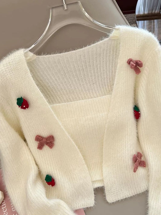 Cream Knit Cardigan with Strawberry and Bow Details – Cute Two Piece Set