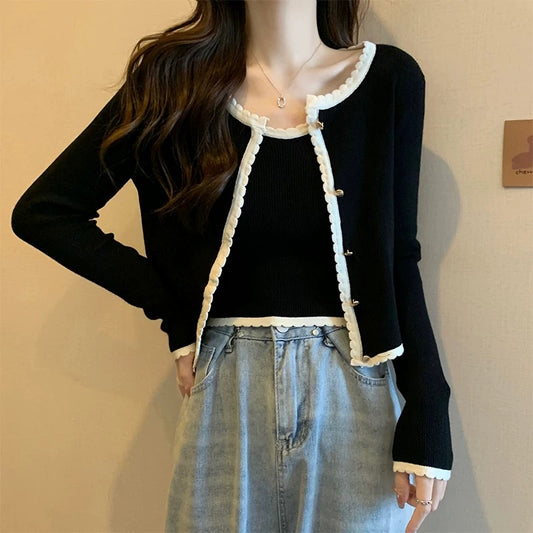 Black Knit Cardigan with White Trim – Elegant Two Piece Knit Set