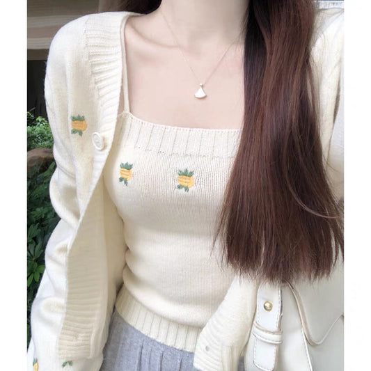 Cream Knit Cardigan with Pineapple Embroidery – Two Piece Knitwear Set