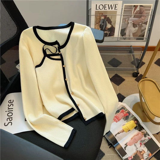 Cardigan with Cream and Black Trim – Two Piece Knit Set