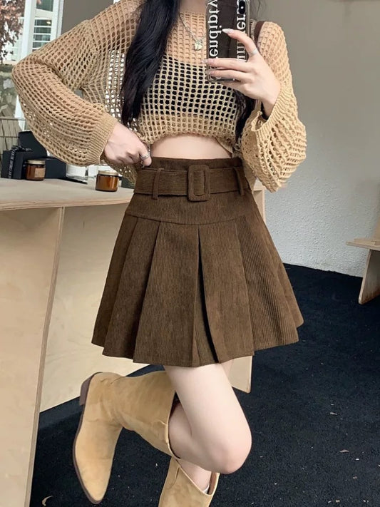 Corduroy Pleated Mini Skirt With Large Belt