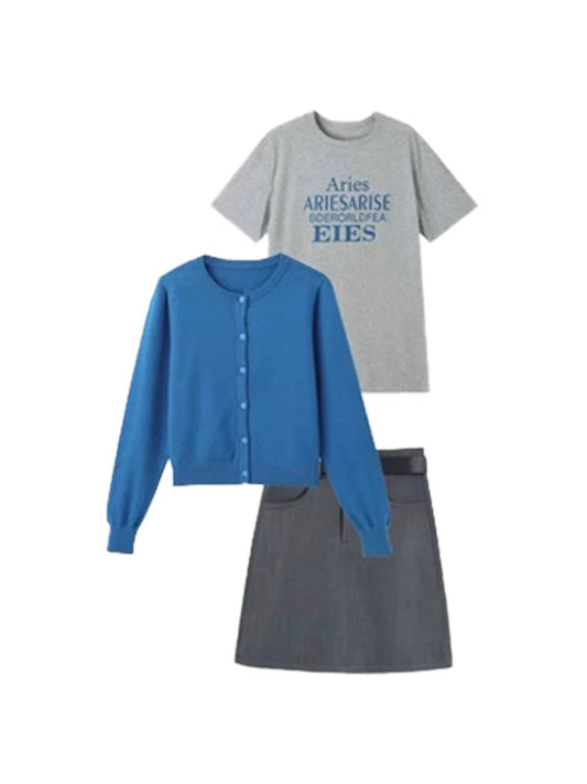 Casual Blue Cardigan with Graphic Tee – Preppy Mini Skirt Outfit Set