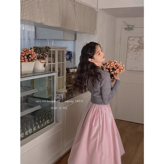 Pink Cotton Midi Pleated Skirt