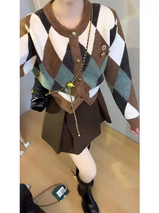 Argyle Knit Cardigan – Brown, Teal, and Cream Diamond Sweater Set