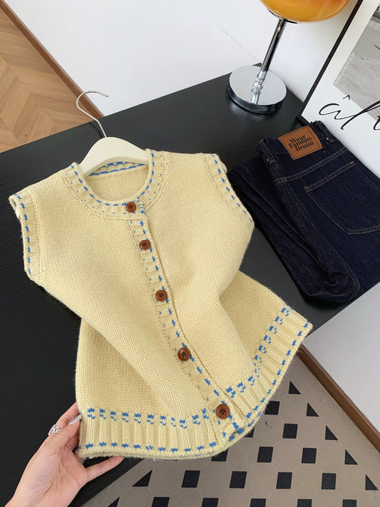 Yellow Knit Vest with Blue Stitch Trim – Button Down Sweater Vest