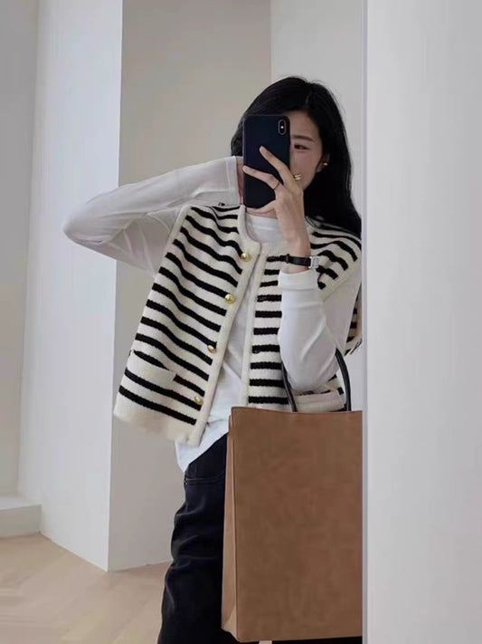 Black and White Striped Knit Vest – Preppy Button Down Sweater Set