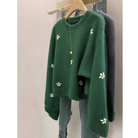 Dark Green Knit Sweater with Daisy Embroidery