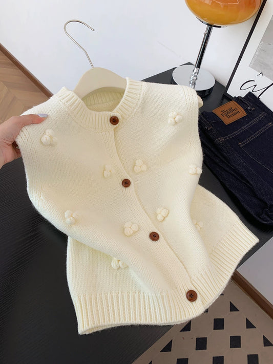 Cream Knit Vest with Pom Pom Details – Button Down Sweater Vest