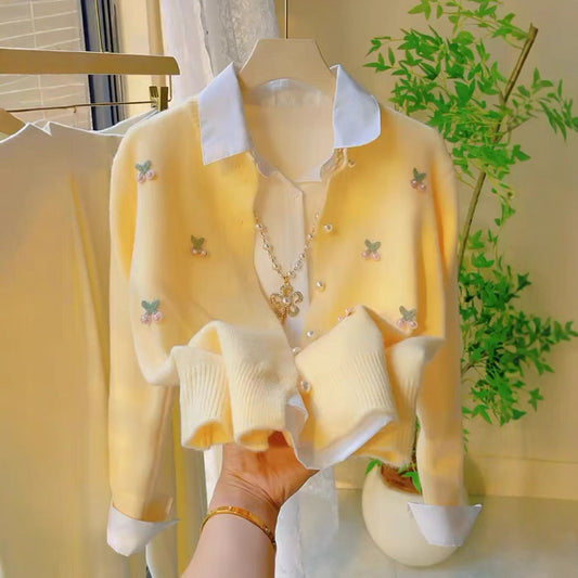 Yellow Knit Cardigan with Embroidered Butterfly Details Set