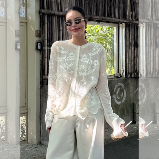 Sheer Embroidered White Blouse – Elegant Floral Design