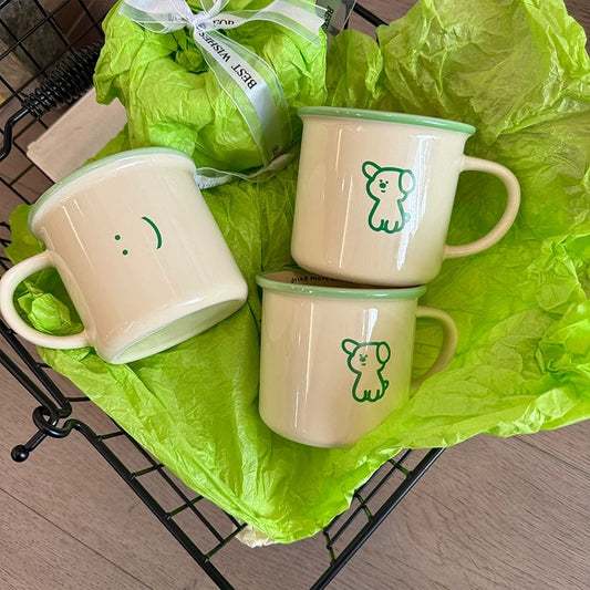 Minimal Cartoon Ceramic Mugs – Green Outline Character Design
