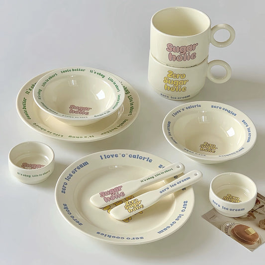 “Sugarholic” Ceramic Tableware – Retro Lettering Kitchen Set