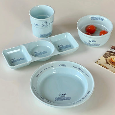 “Achim” Minimalist Tableware – Blue Text Print Ceramic Set