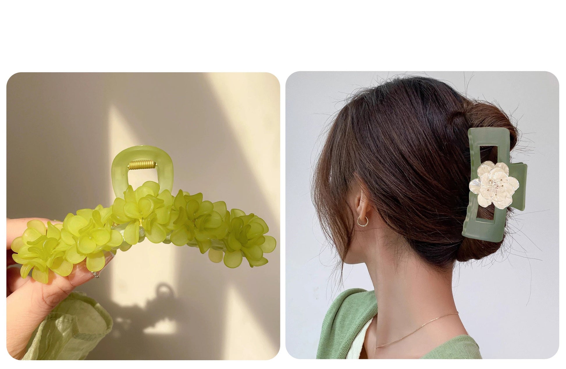 Two green hair accessories with floral designs, one held by a hand and the other worn by a person.