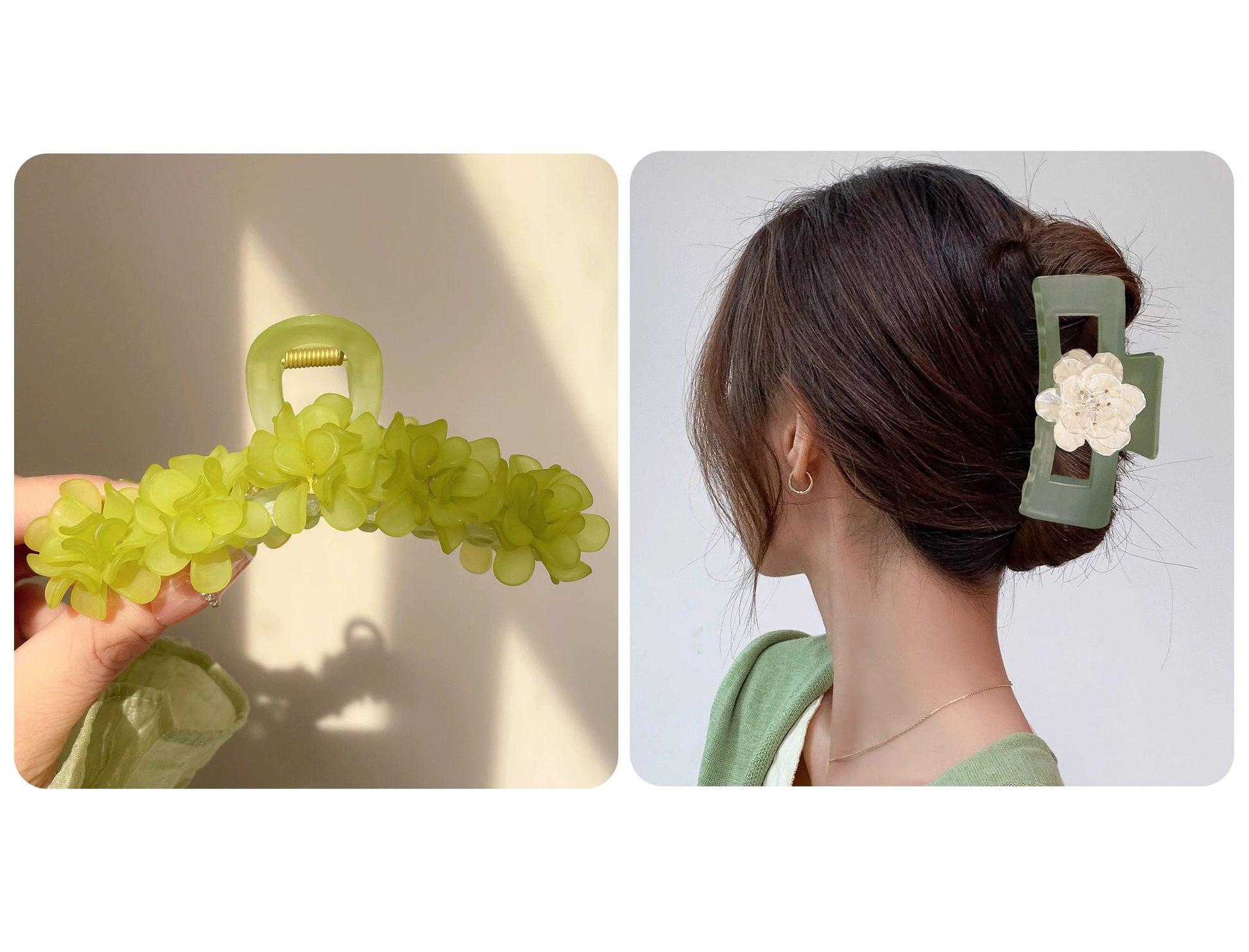 Two green hair accessories with floral designs, one held by a hand and the other worn by a person.