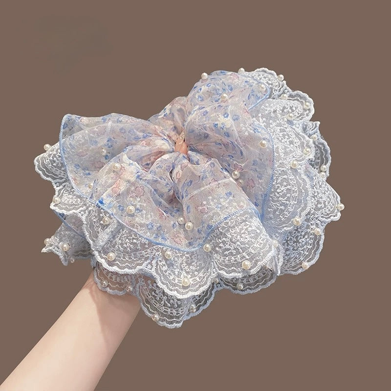 Oversized Lace and Satin Pearl Detail Scrunchie
