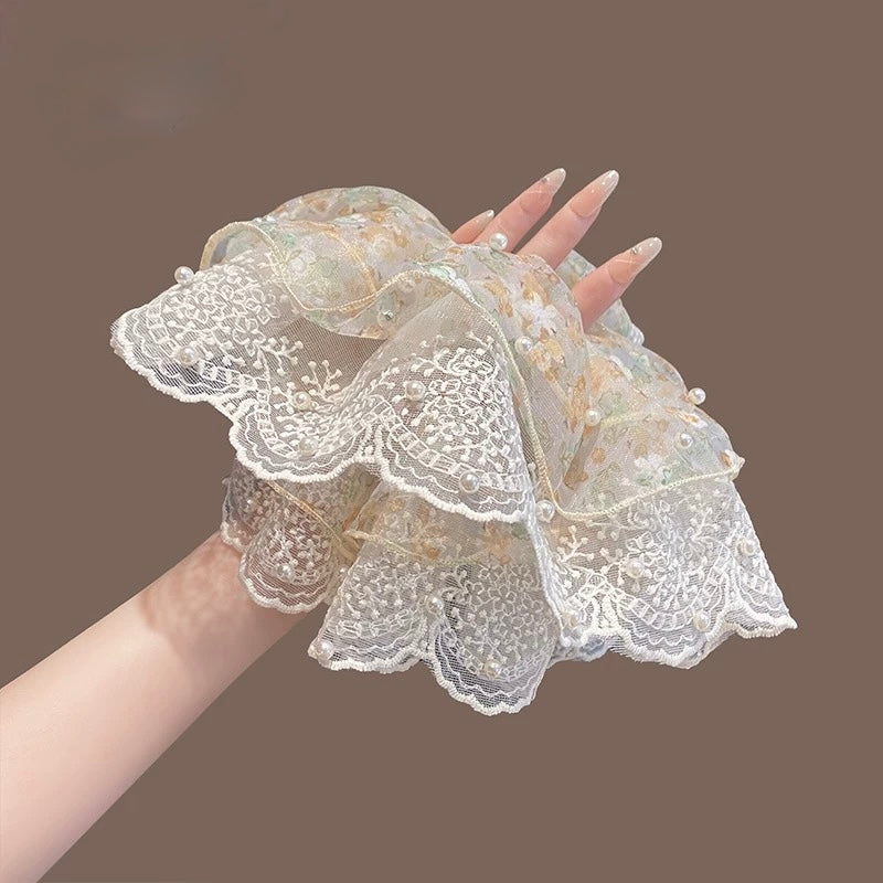 Oversized Lace and Satin Pearl Detail Scrunchie
