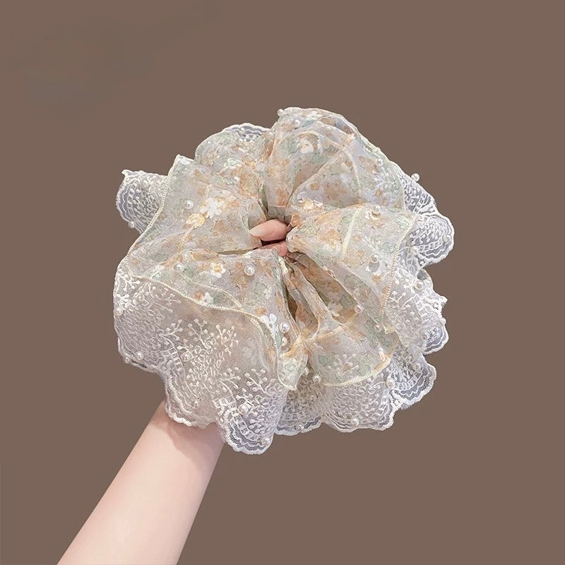 Oversized Lace and Satin Pearl Detail Scrunchie