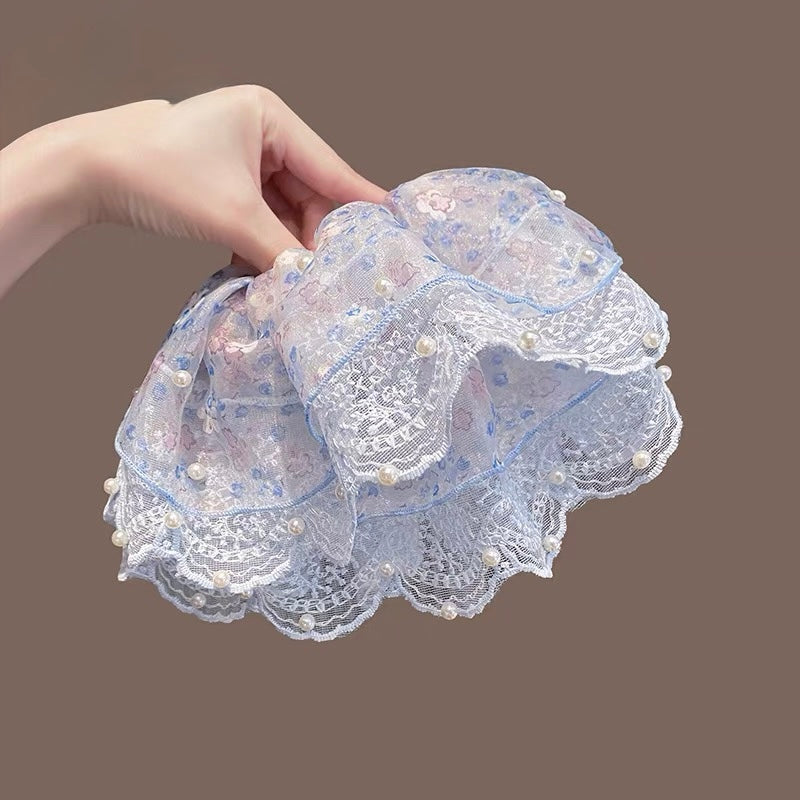 Oversized Lace and Satin Pearl Detail Scrunchie